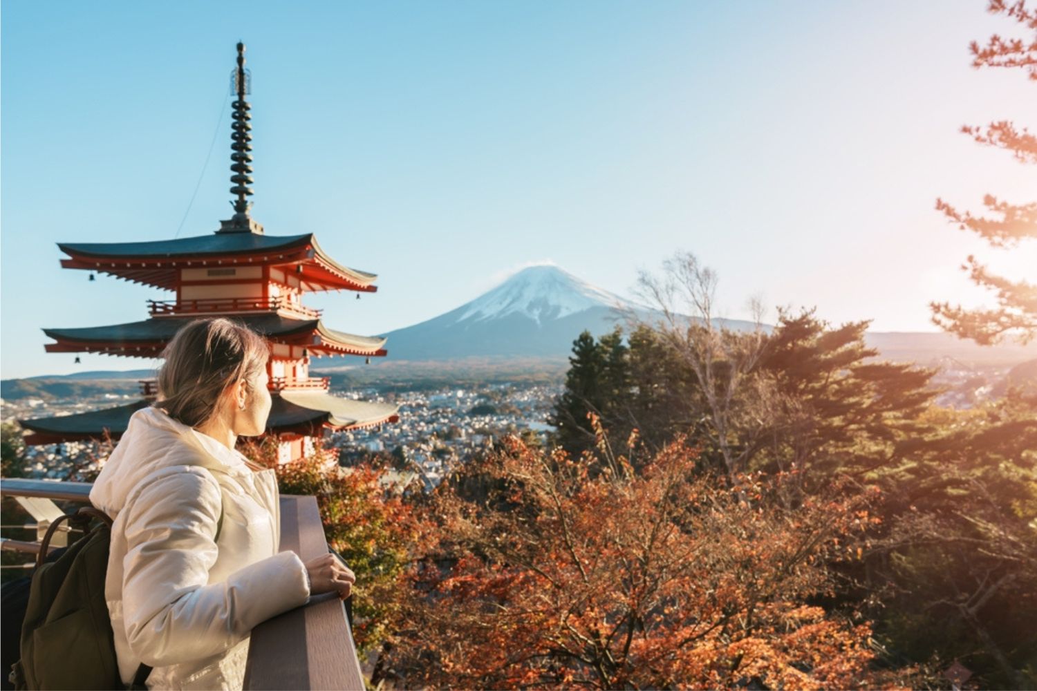 Woman tourist with mount Fuji at Chureito Pagoda