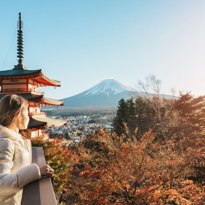 Woman tourist with mount Fuji at Chureito Pagoda