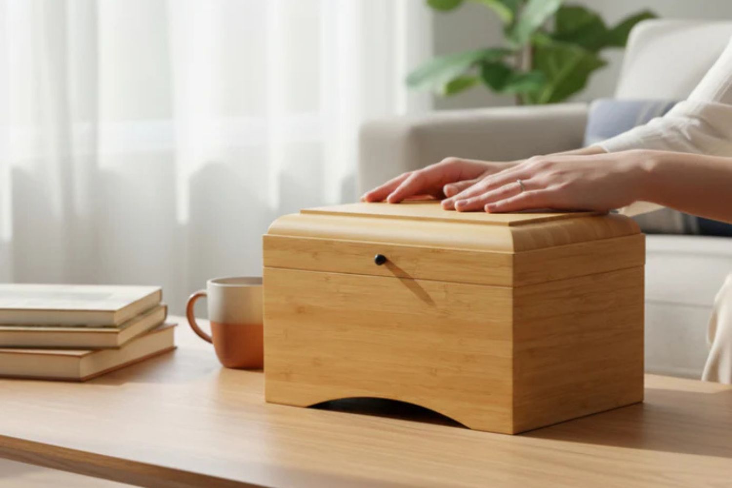 wooden urn on a coffee table