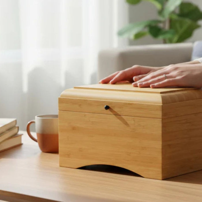 wooden urn on a coffee table